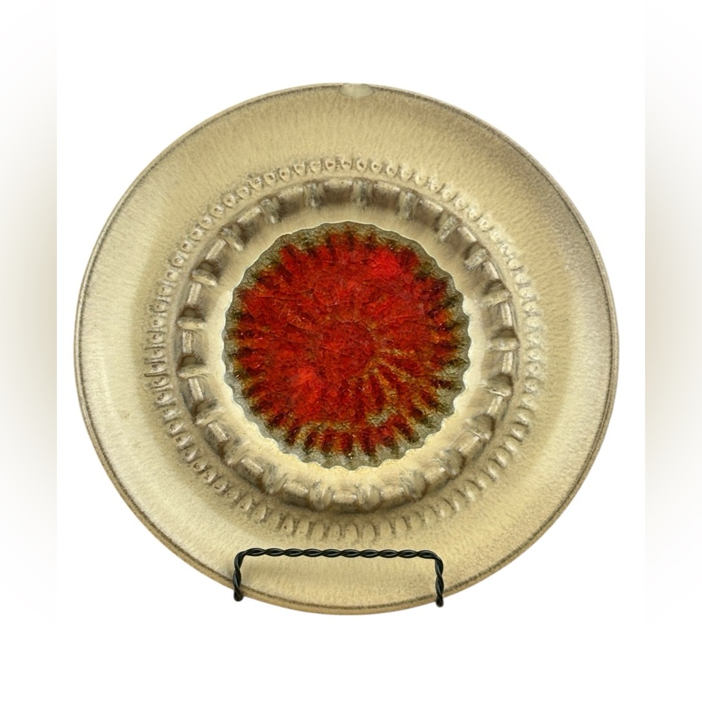 Vintage Robert Maxwell Signed MCM Pottery Ashtray Beige with Red/Orange Center